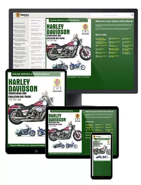 Harley-Davidson Shovelhead and Evolution Big Twins (70-99) Haynes Online Manual covering FL, FX, FLT, FLH, FXR, Dyna and Softail, with 1200 and 1340cc engines