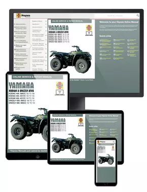 Yamaha Kodiak and Grizzly ATVs Haynes Online Manual covering 2-wheel and 4-wheel drive 386cc, 401cc, 421cc, 595cc and 660cc models for 1993 to 2005