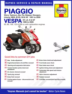 Piaggio and Vespa Haynes Online Manual for Piaggio Sfera, Typhoon, Zip, Fly, Skipper, Hexagon, Liberty, B125, X8/X9 Scooters (91-09) and Vespa ET2, ET4, LX and GT Scooters (96-09)